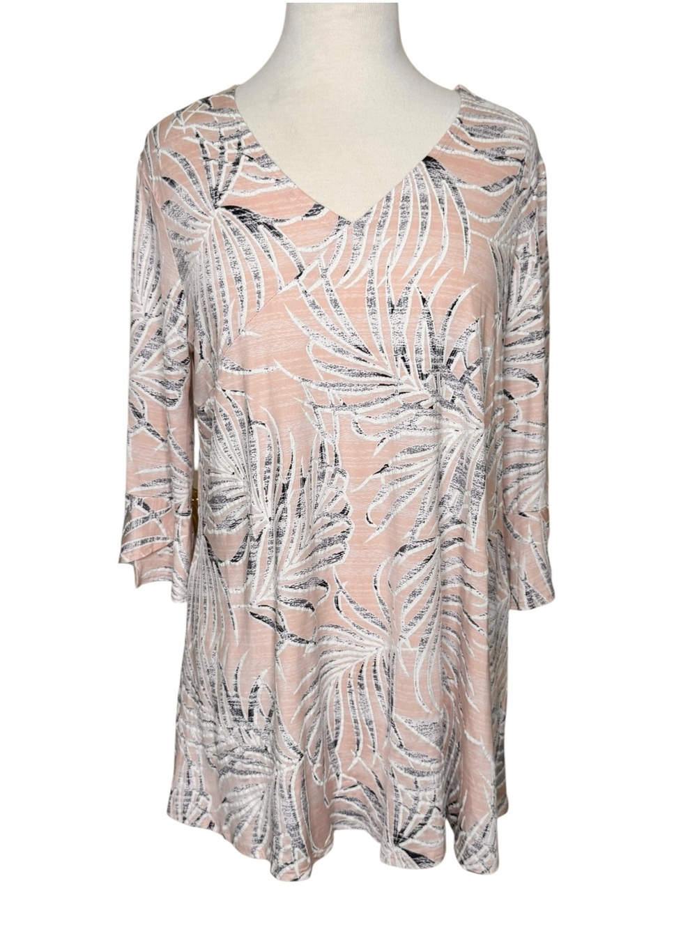 Clara Sun Woo Textured Slinky Knit Tunic Top 3/4 Bell Sleeve Blush Pink Size L